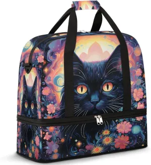 Black Cat Print Foldable Travel Duffel Bag Overnight Weekender Bag with Shoes Compartment Sports Gym Bag for Men Women