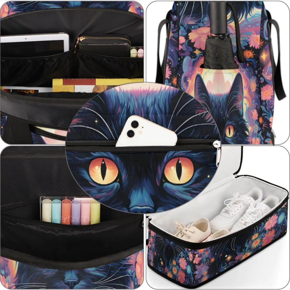 Black Cat Print Foldable Travel Duffel Bag Overnight Weekender Bag with Shoes Compartment Sports Gym Bag for Men Women