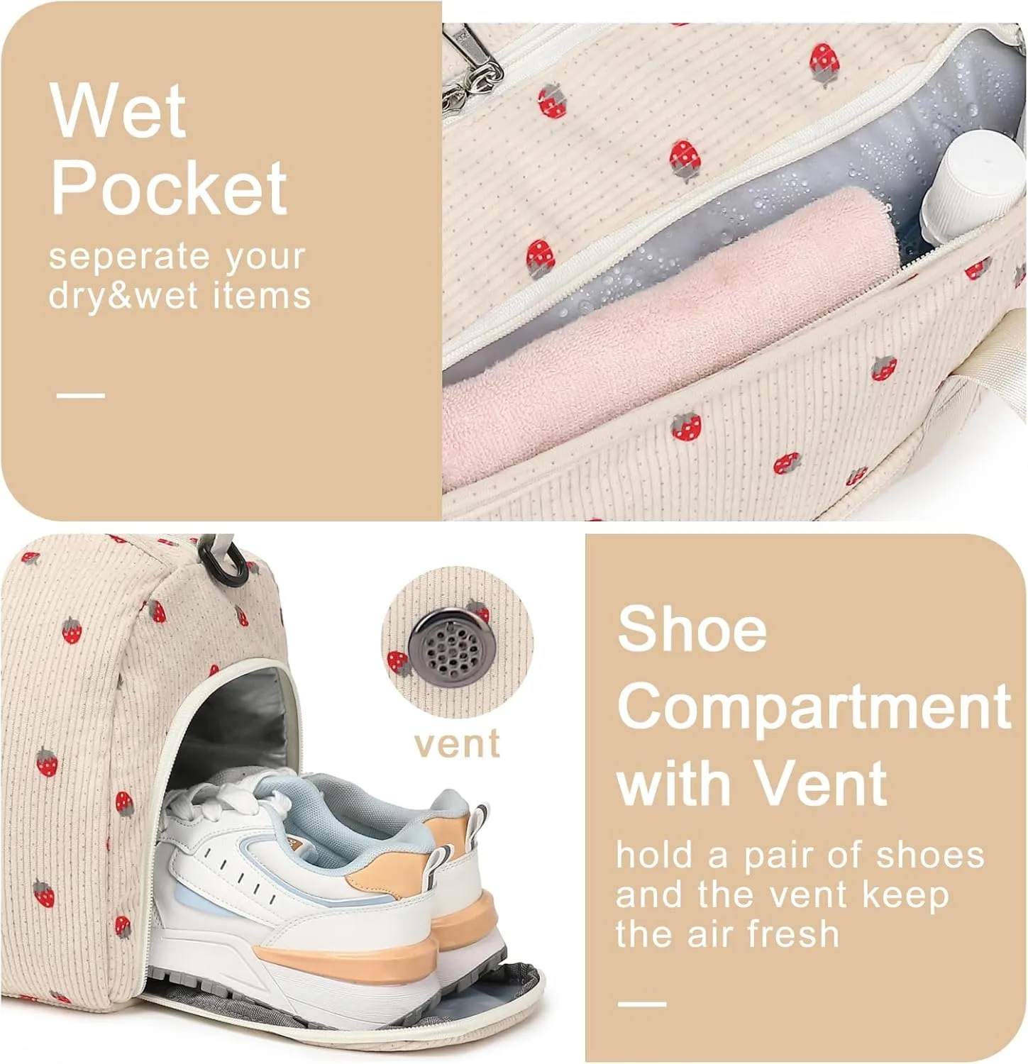 BLUBOON Duffle Bag Girls Kids Cute Gym Bag with Shoes Compartment & Wet Separation Waterproof Sports Overnight Travel Bag, Strawberry Corduroy Pink