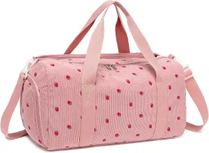 BLUBOON Duffle Bag Girls Kids Cute Gym Bag with Shoes Compartment & Wet Separation Waterproof Sports Overnight Travel Bag, Strawberry Corduroy Pink