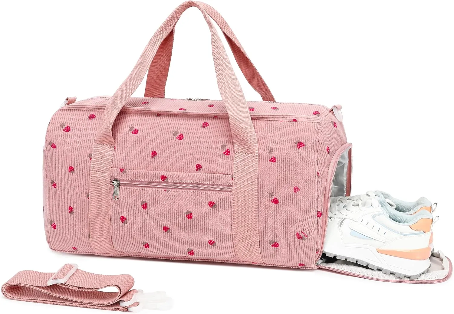 BLUBOON Duffle Bag Girls Kids Cute Gym Bag with Shoes Compartment & Wet Separation Waterproof Sports Overnight Travel Bag, Strawberry Corduroy Pink