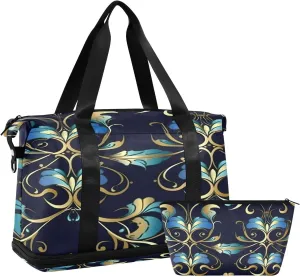 Blue Gold Pattern Sports Gym Bag,Travel Duffel bag with Wet Pocket & Shoes Compartment Lightweight Waterproof Overnight Bag for Men Women