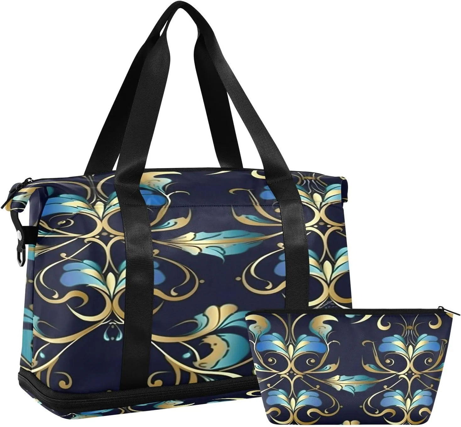 Blue Gold Pattern Sports Gym Bag,Travel Duffel bag with Wet Pocket & Shoes Compartment Lightweight Waterproof Overnight Bag for Men Women