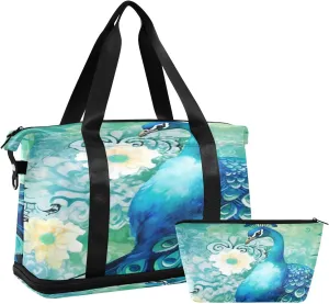 Blue Peacock Gym Bag for Men Women with Shoes Compartment & Wet Pocket Sport Travel Duffel Bag Waterproof Weekender Overnight Bag