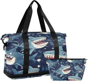 Blue Shark Gym Bag for Men Women with Shoes Compartment & Wet Pocket Sport Travel Duffel Bag Waterproof Weekender Overnight Bag