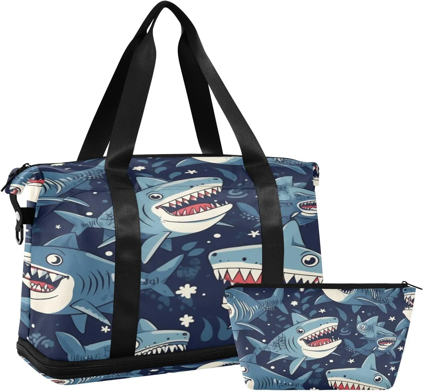 Blue Shark Gym Bag for Men Women with Shoes Compartment & Wet Pocket Sport Travel Duffel Bag Waterproof Weekender Overnight Bag