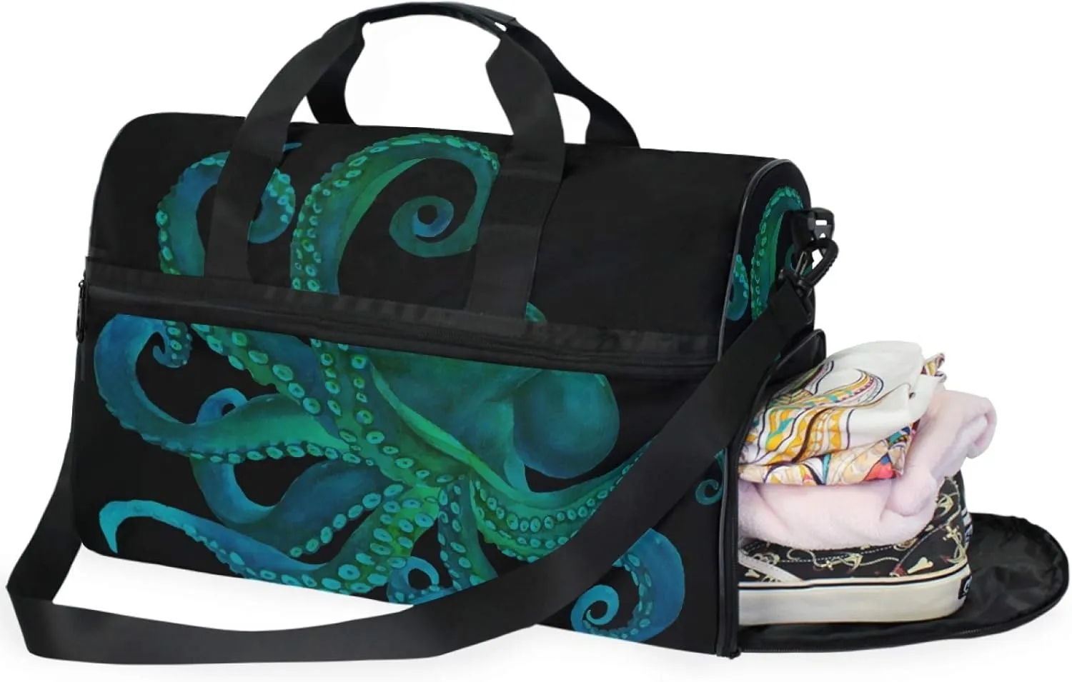 Blue Watercolor Octopus Travel Duffel Bag Luggage Sports Gym Bag With Shoes Compartment Large Capacity Lightweight Duffle Bag For Men Women