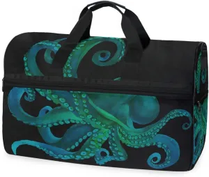 Blue Watercolor Octopus Travel Duffel Bag Luggage Sports Gym Bag With Shoes Compartment Large Capacity Lightweight Duffle Bag For Men Women