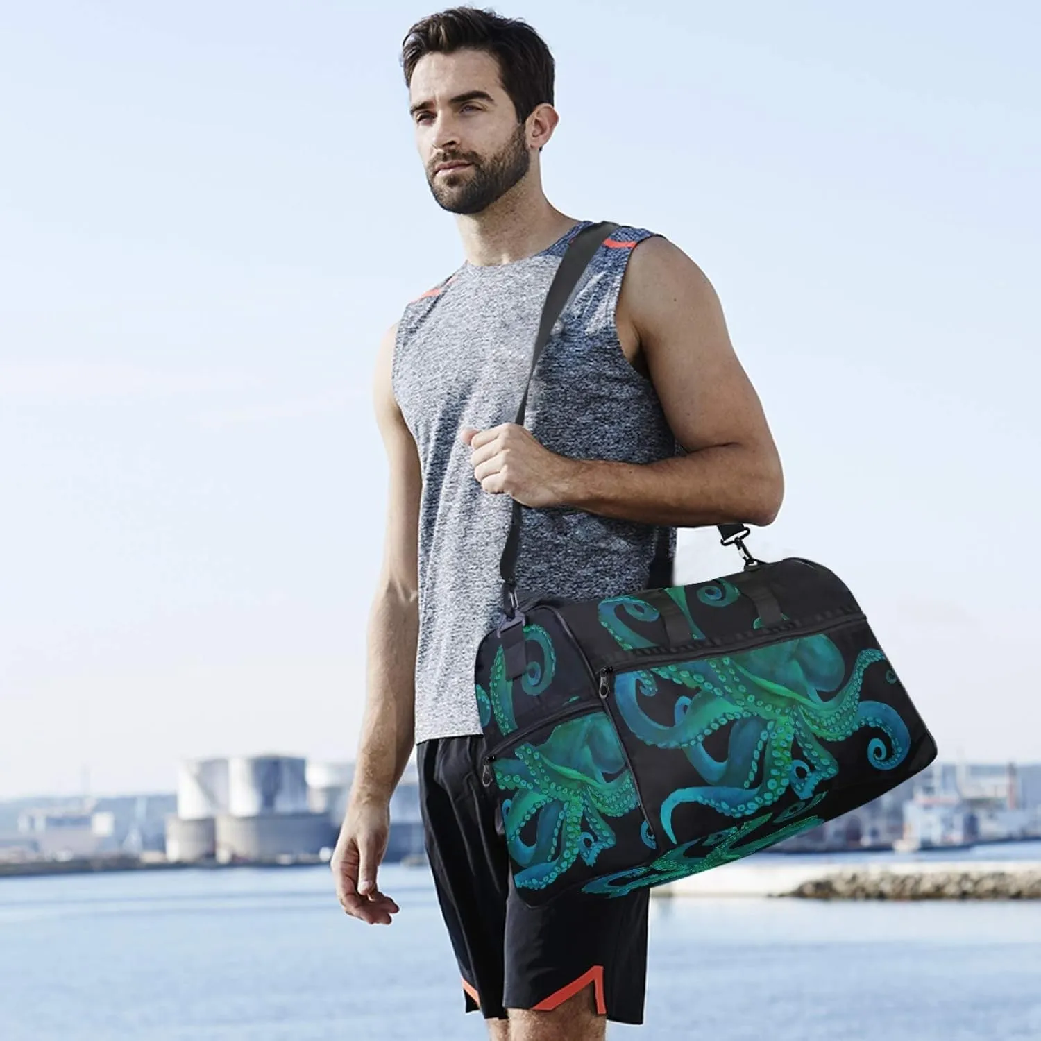 Blue Watercolor Octopus Travel Duffel Bag Luggage Sports Gym Bag With Shoes Compartment Large Capacity Lightweight Duffle Bag For Men Women