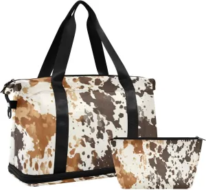 Brown Cow Print Gym Bag for Men Women with Shoes Compartment & Wet Pocket Sport Travel Duffel Bag Waterproof Weekender Overnight Bag