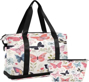 Butterflies and Flower Gym Bag for Men Women with Shoes Compartment & Wet Pocket Sport Travel Duffel Bag Waterproof Weekender Overnight Bag