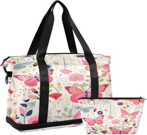 Butterflies and Flower Gym Bag for Men Women with Shoes Compartment & Wet Pocket Sport Travel Duffel Bag Waterproof Weekender Overnight Bag