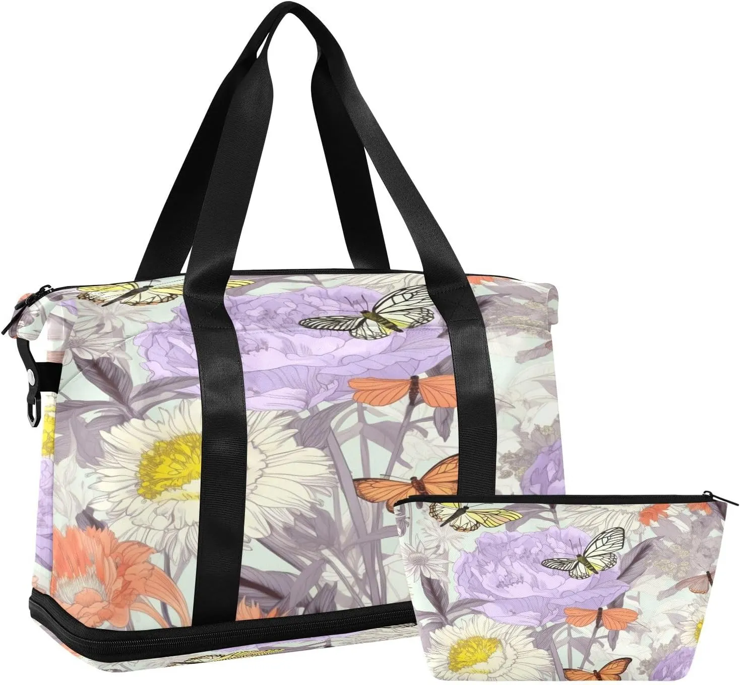Butterflies and Flowers Gym Bag for Men Women with Shoes Compartment & Wet Pocket Sport Travel Duffel Bag Waterproof Weekender Overnight Bag