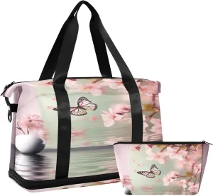 Butterfly and Blossom Sports Gym Bag,Travel Duffel bag with Wet Pocket & Shoes Compartment Lightweight Waterproof Overnight Bag for Men Women