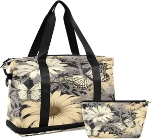 Butterfly and Daisy Gym Bag for Men Women with Shoes Compartment & Wet Pocket Sport Travel Duffel Bag Waterproof Weekender Overnight Bag