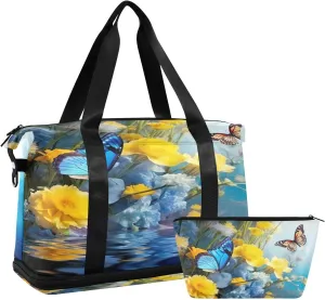 Butterfly Flowers Sports Gym Bag,Travel Duffel bag with Wet Pocket & Shoes Compartment Lightweight Waterproof Overnight Bag for Men Women