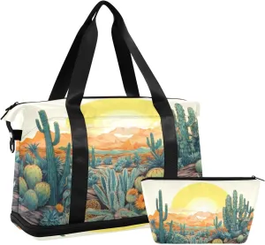 Cactus and Sun Gym Bag for Men Women with Shoes Compartment & Wet Pocket Sport Travel Duffel Bag Waterproof Weekender Overnight Bag