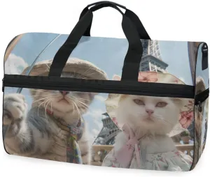 Cat Eiffel Tower Travel Duffel Bag Luggage Sports Gym Bags With Shoes Compartment Large Capacity Lightweight Duffle Bag For Men Women