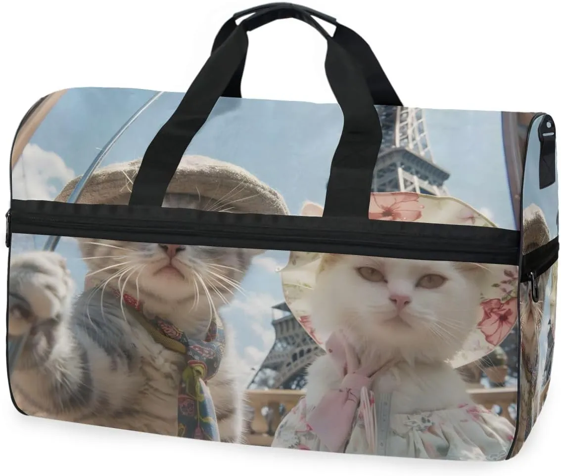 Cat Eiffel Tower Travel Duffel Bag Luggage Sports Gym Bags With Shoes Compartment Large Capacity Lightweight Duffle Bag For Men Women