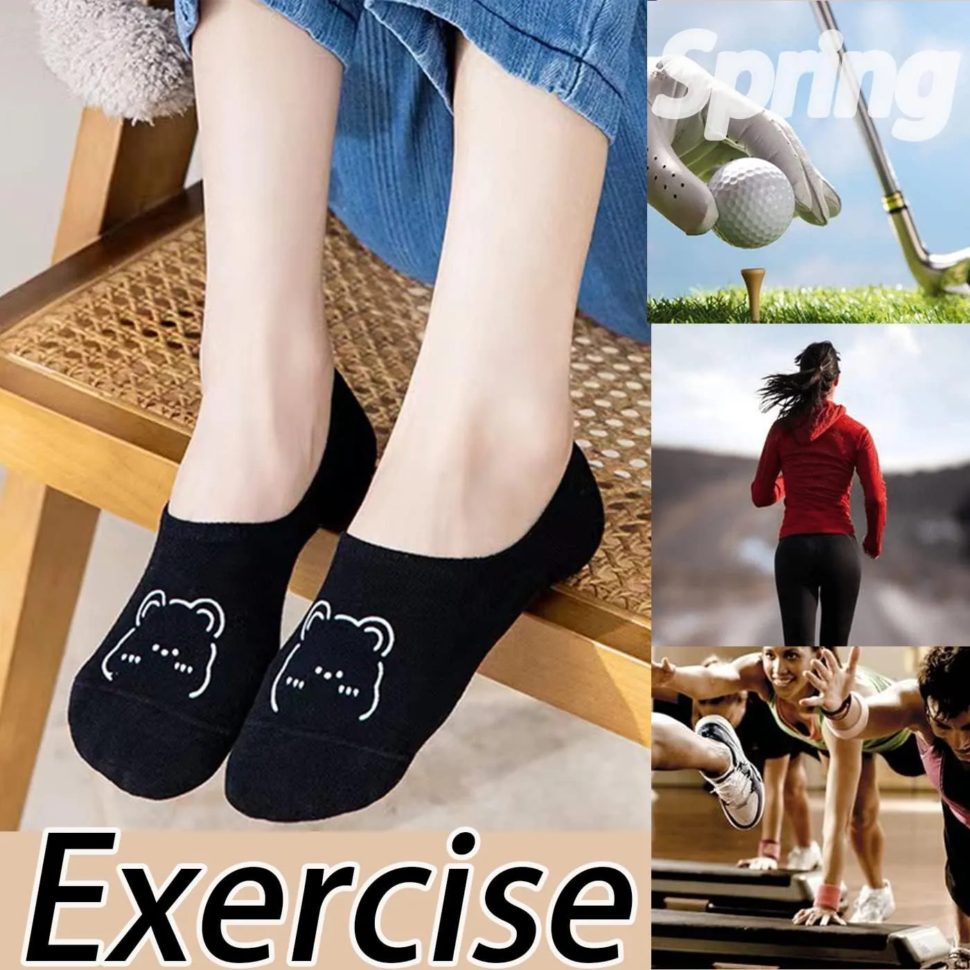 CHUNFO Thin No Show Women Light Sock Flat Colorful Non Slip White Black Bear Cute Athlete Low Cut Girl Sock 5 or 10 Pairs