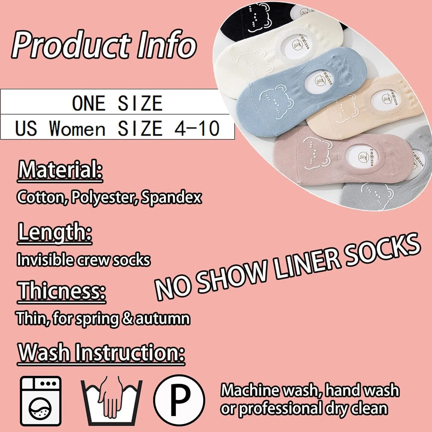 CHUNFO Thin No Show Women Light Sock Flat Colorful Non Slip White Black Bear Cute Athlete Low Cut Girl Sock 5 or 10 Pairs