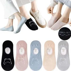 CHUNFO Thin No Show Women Light Sock Flat Colorful Non Slip White Black Bear Cute Athlete Low Cut Girl Sock 5 or 10 Pairs