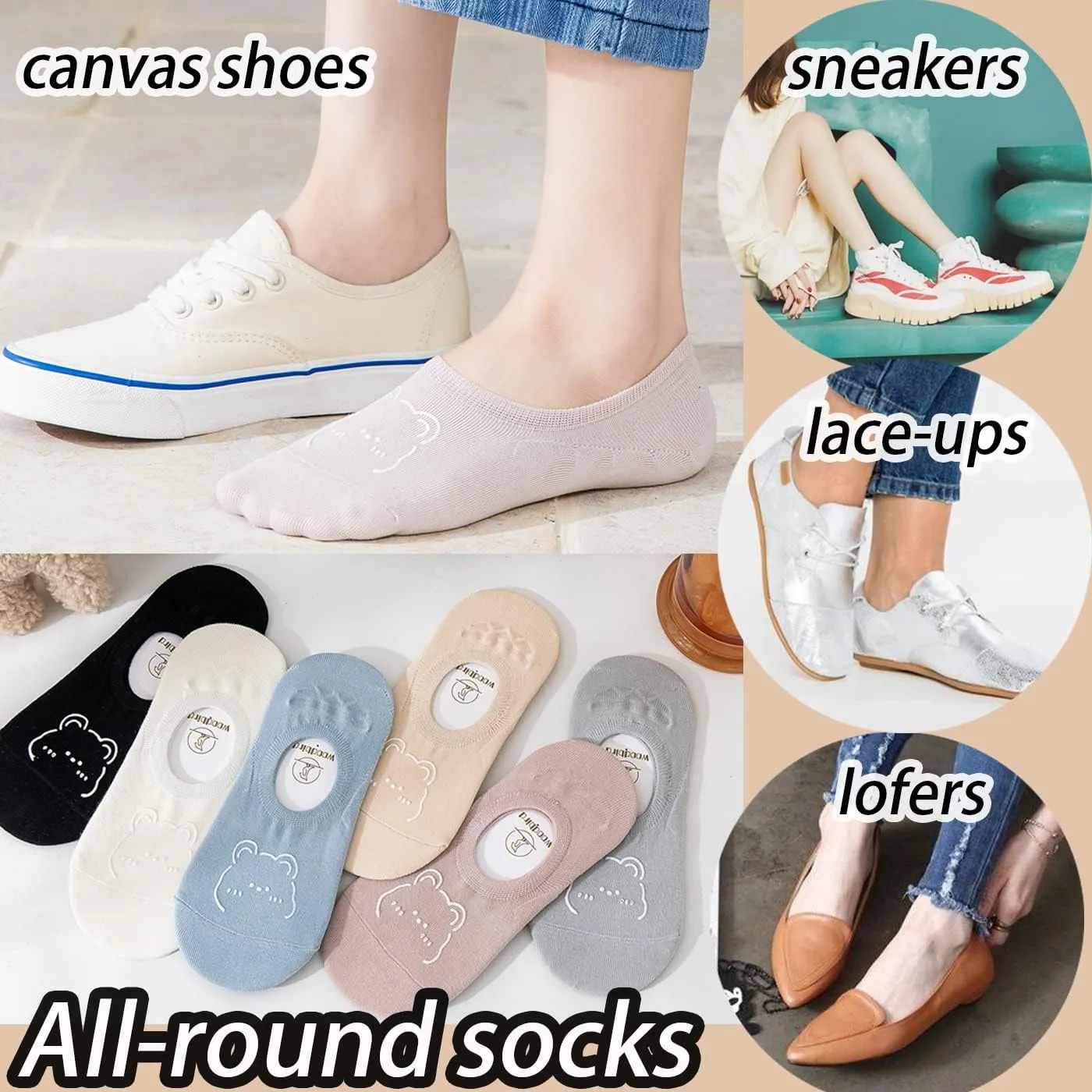 CHUNFO Thin No Show Women Light Sock Flat Colorful Non Slip White Black Bear Cute Athlete Low Cut Girl Sock 5 or 10 Pairs