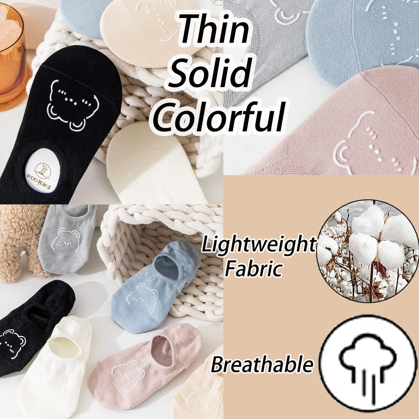 CHUNFO Thin No Show Women Light Sock Flat Colorful Non Slip White Black Bear Cute Athlete Low Cut Girl Sock 5 or 10 Pairs