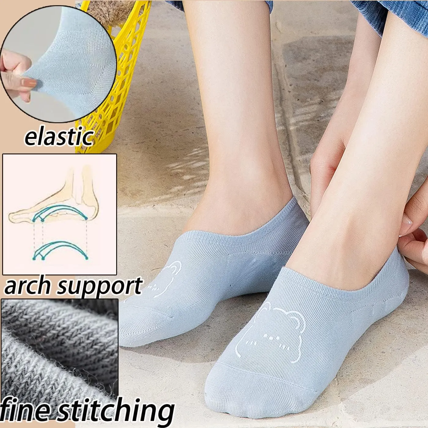 CHUNFO Thin No Show Women Light Sock Flat Colorful Non Slip White Black Bear Cute Athlete Low Cut Girl Sock 5 or 10 Pairs
