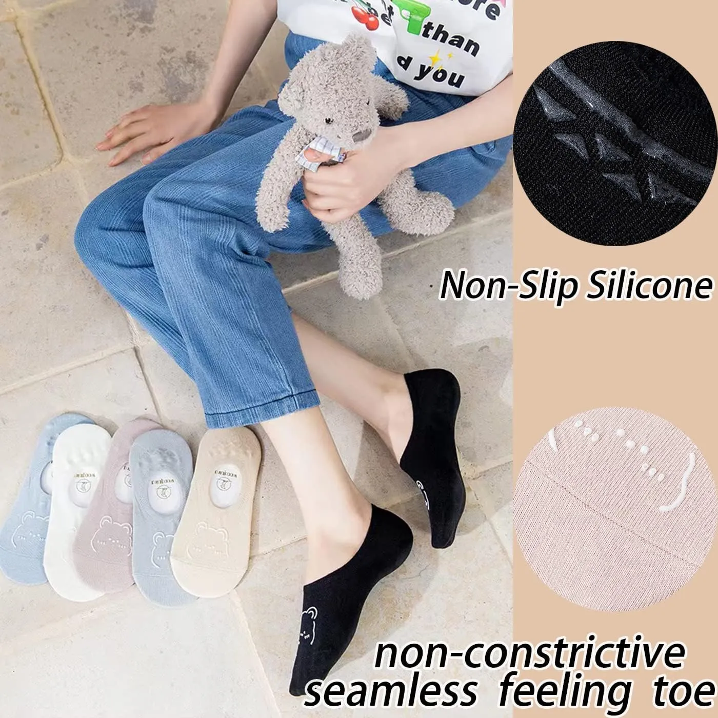 CHUNFO Thin No Show Women Light Sock Flat Colorful Non Slip White Black Bear Cute Athlete Low Cut Girl Sock 5 or 10 Pairs
