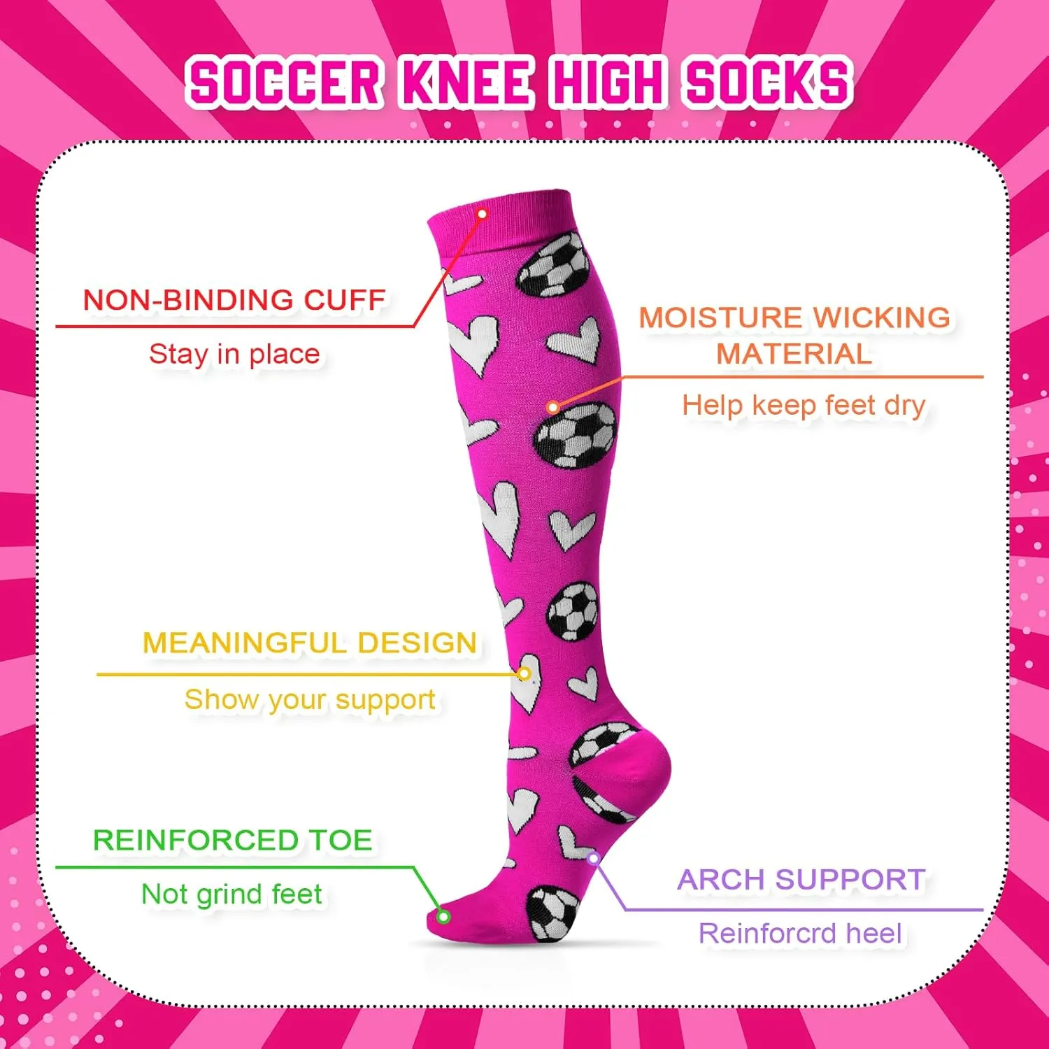 Cindeer 3 Pairs Soccer Novelty Sports Hearts Tube Socks Soccer Gift Knee High Socks for Women Men