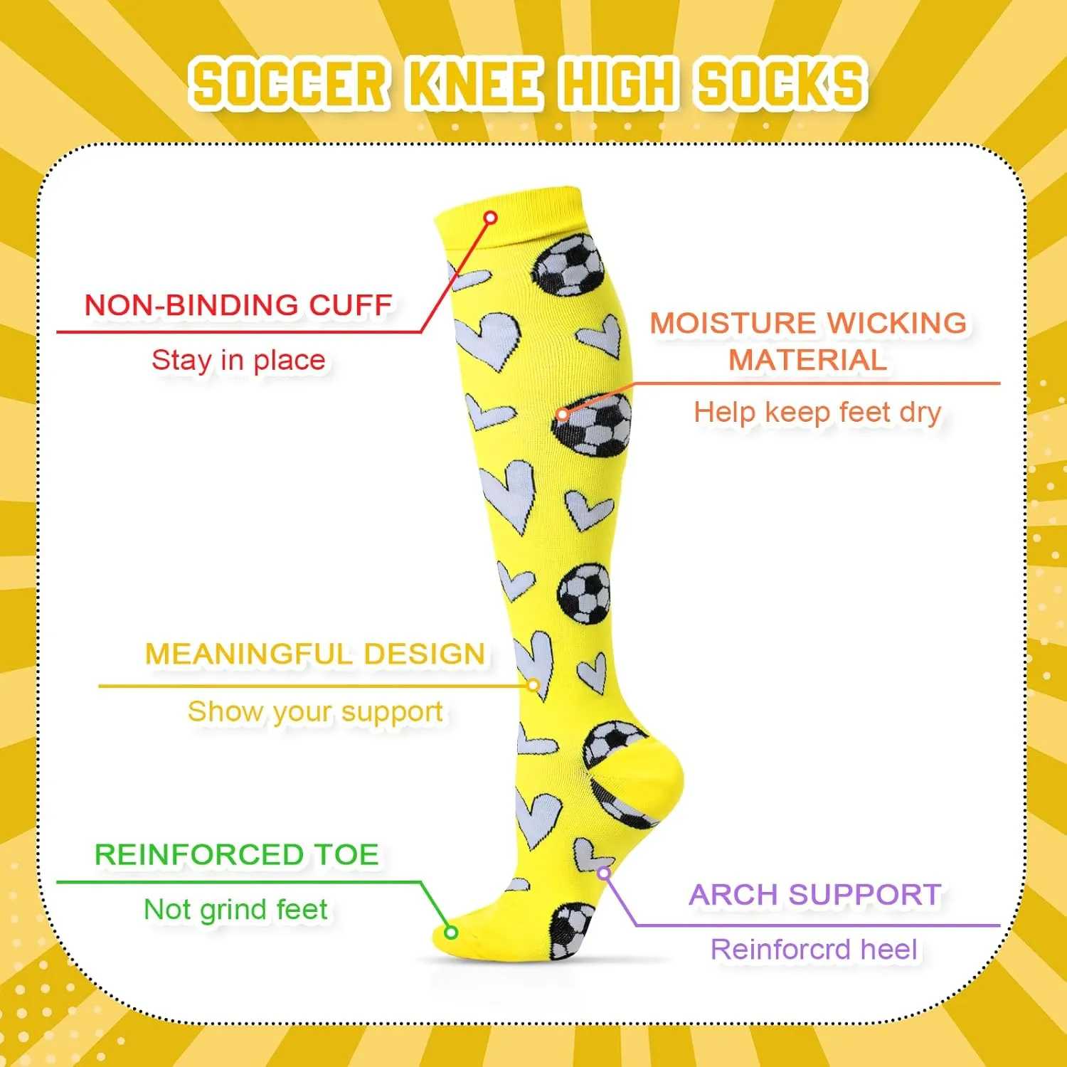 Cindeer 6 Pairs Soccer Knee High Socks Novelty Soccer Hearts Tube Socks Soccer Gifts Socks for Men Women Team