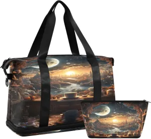 Coffee Theme Gym Bag for Men Women with Shoes Compartment & Wet Pocket Sport Travel Duffel Bag Waterproof Weekender Overnight Bag