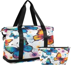 Colorful Butterflies Pattern Gym Bag for Men Women with Shoes Compartment & Wet Pocket Sport Travel Duffel Bag Waterproof Weekender Overnight Bag