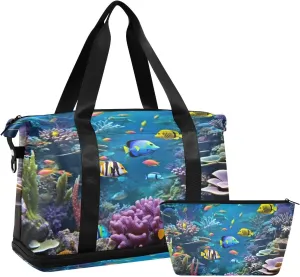 Colorful Fish Sports Gym Bag,Travel Duffel bag with Wet Pocket & Shoes Compartment Lightweight Waterproof Overnight Bag for Men Women
