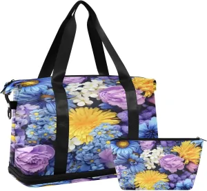 Colorful Flowers Gym Bag for Men Women with Shoes Compartment & Wet Pocket Sport Travel Duffel Bag Waterproof Weekender Overnight Bag