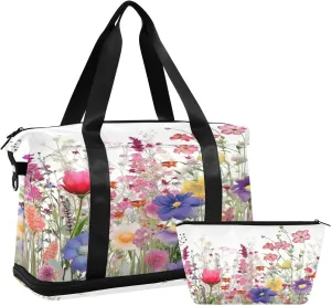 Colorful Flowers Sports Gym Bag,Travel Duffel bag with Wet Pocket & Shoes Compartment Lightweight Waterproof Overnight Bag for Men Women