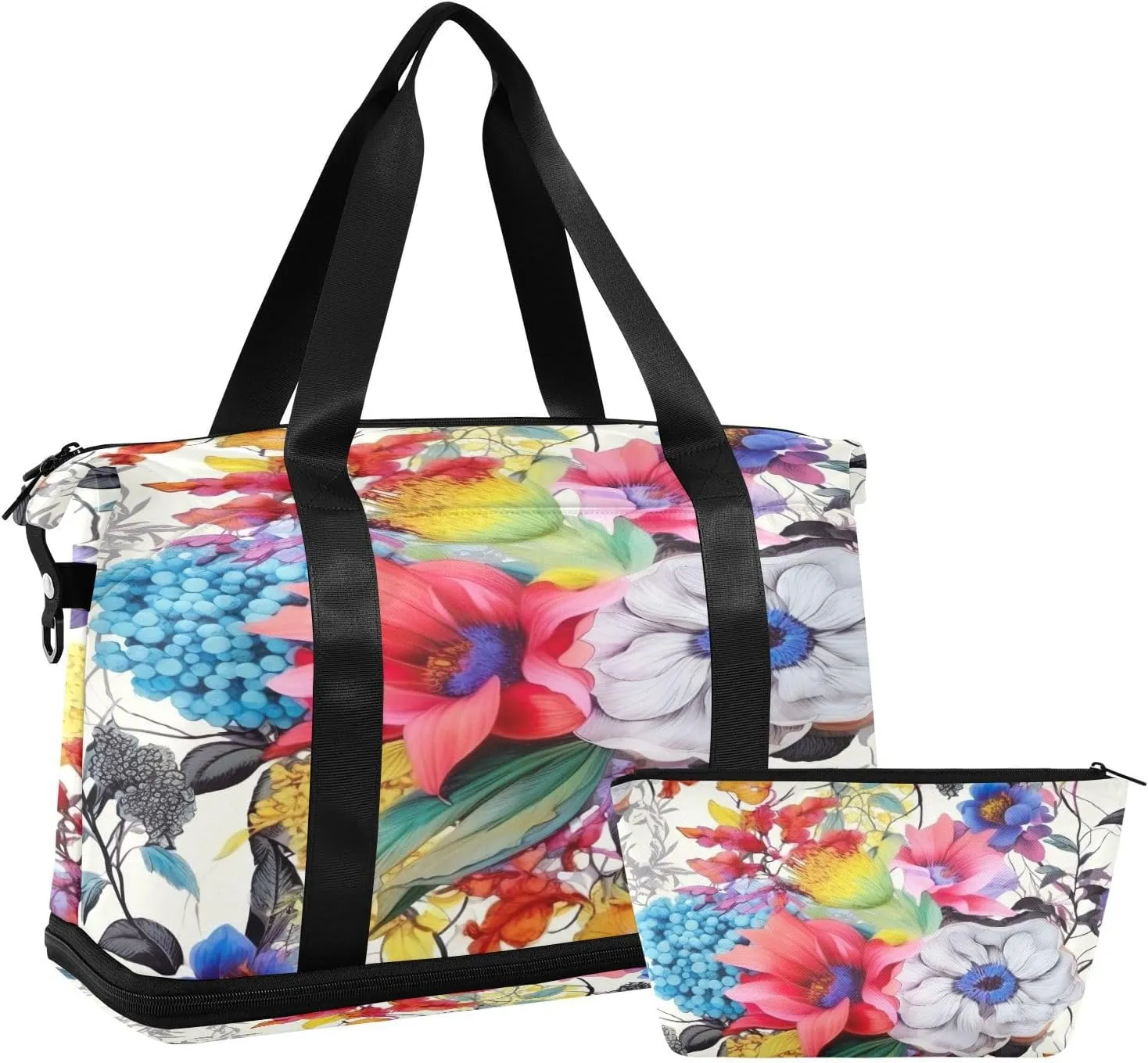 Colorful Flowers Sports Gym Bag,Travel Duffel bag with Wet Pocket & Shoes Compartment Lightweight Waterproof Overnight Bag for Men Women