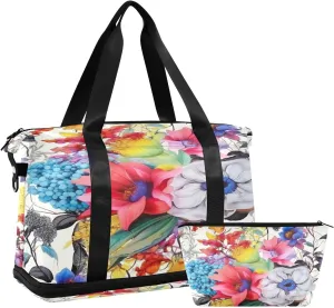 Colorful Flowers Sports Gym Bag,Travel Duffel bag with Wet Pocket & Shoes Compartment Lightweight Waterproof Overnight Bag for Men Women