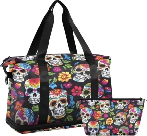 Colorful Skulls Gym Bag for Men Women with Shoes Compartment & Wet Pocket Sport Travel Duffel Bag Waterproof Weekender Overnight Bag