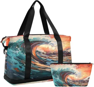 Colorful Waves Sports Gym Bag,Travel Duffel bag with Wet Pocket & Shoes Compartment Lightweight Waterproof Overnight Bag for Men Women