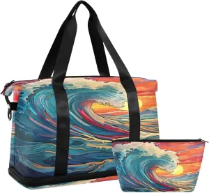 Colorful Waves Sports Gym Bag,Travel Duffel bag with Wet Pocket & Shoes Compartment Lightweight Waterproof Overnight Bag for Men Women