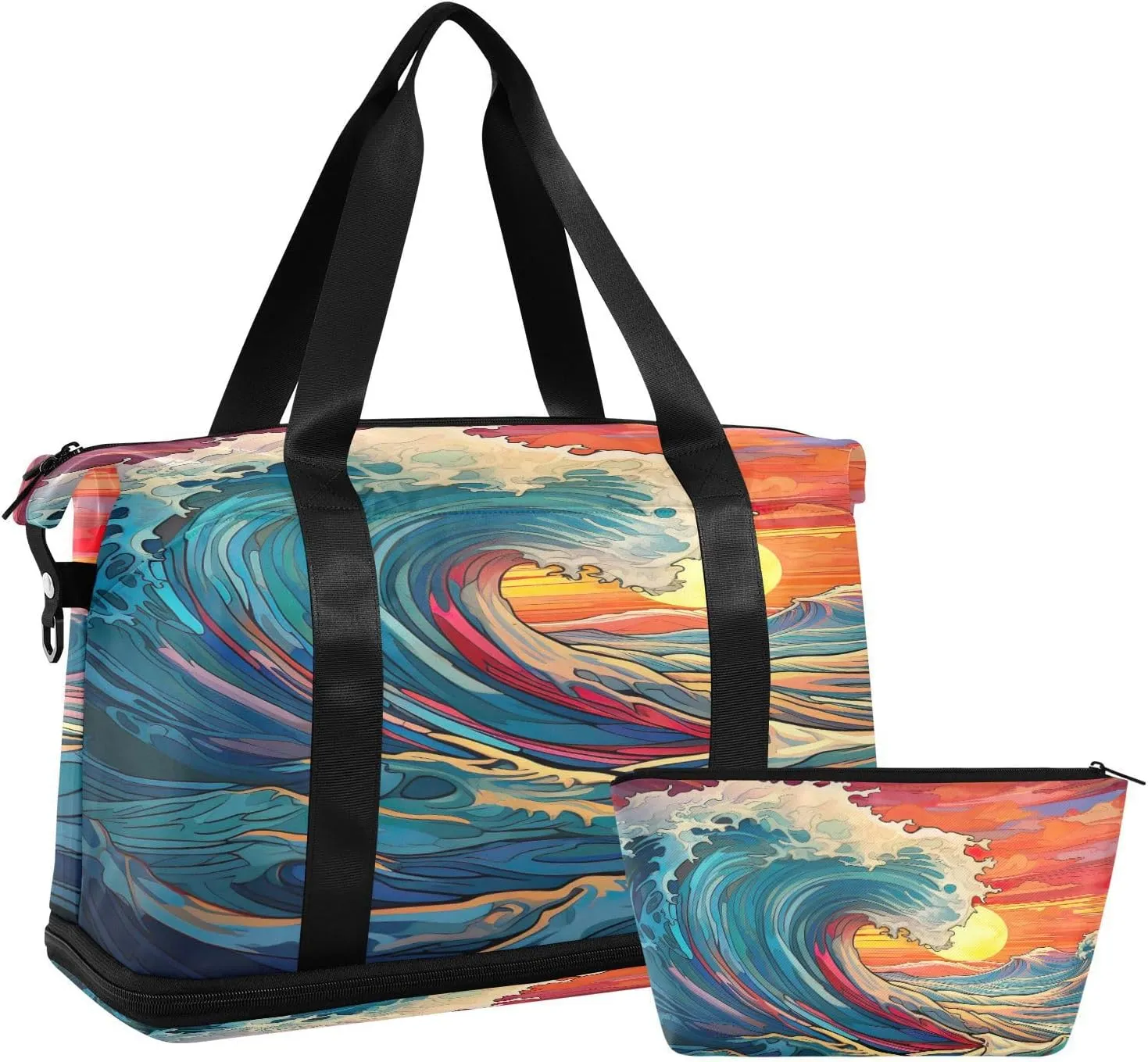 Colorful Waves Sports Gym Bag,Travel Duffel bag with Wet Pocket & Shoes Compartment Lightweight Waterproof Overnight Bag for Men Women