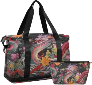 Colourful Dragons Gym Bag for Men Women with Shoes Compartment & Wet Pocket Sport Travel Duffel Bag Waterproof Weekender Overnight Bag