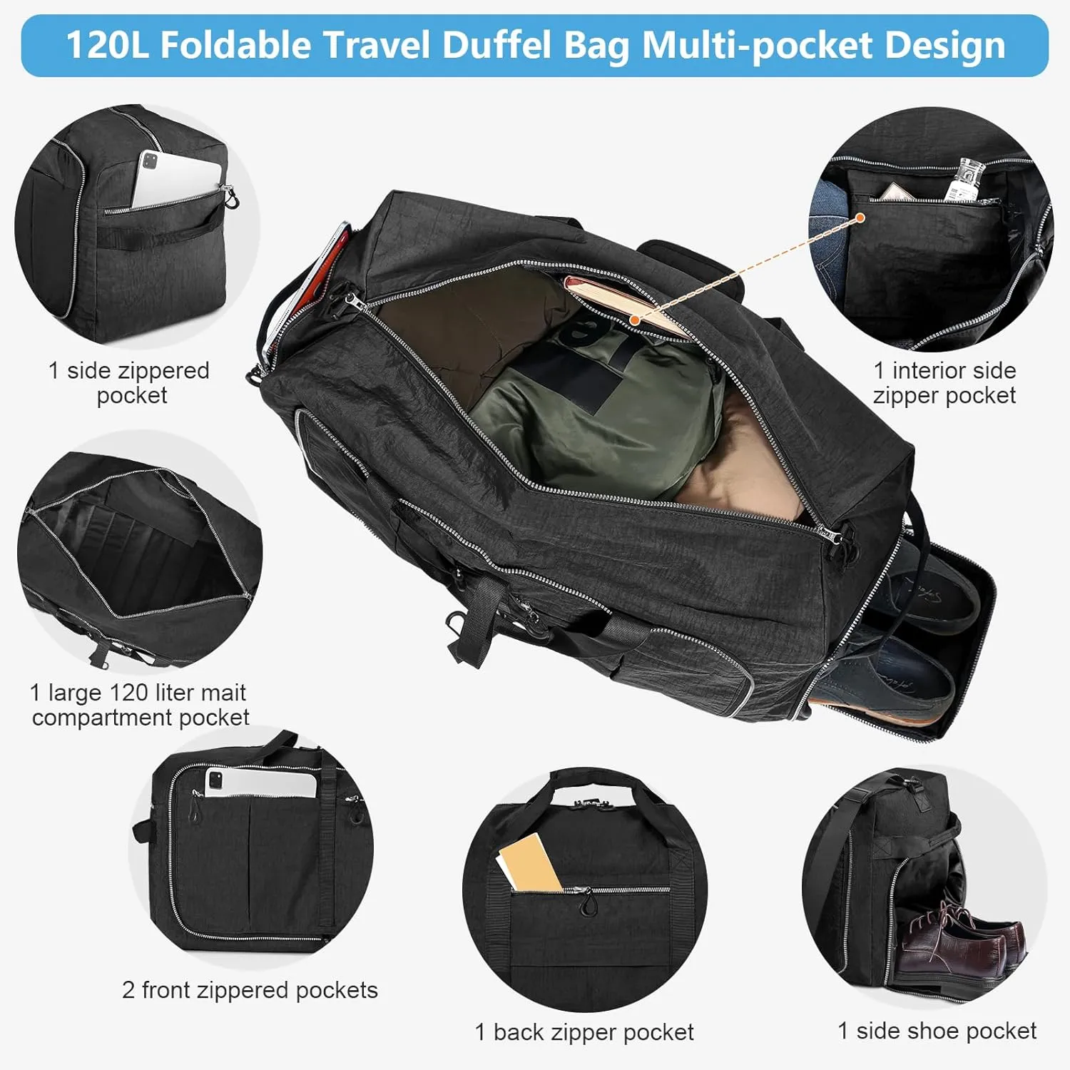 CONTAIL 120L Foldable Nylon Duffle Bag with Thickened Bottom and Shoes Compartment,Waterproof Travel Carry On Bag With Adjustable Strap,Black