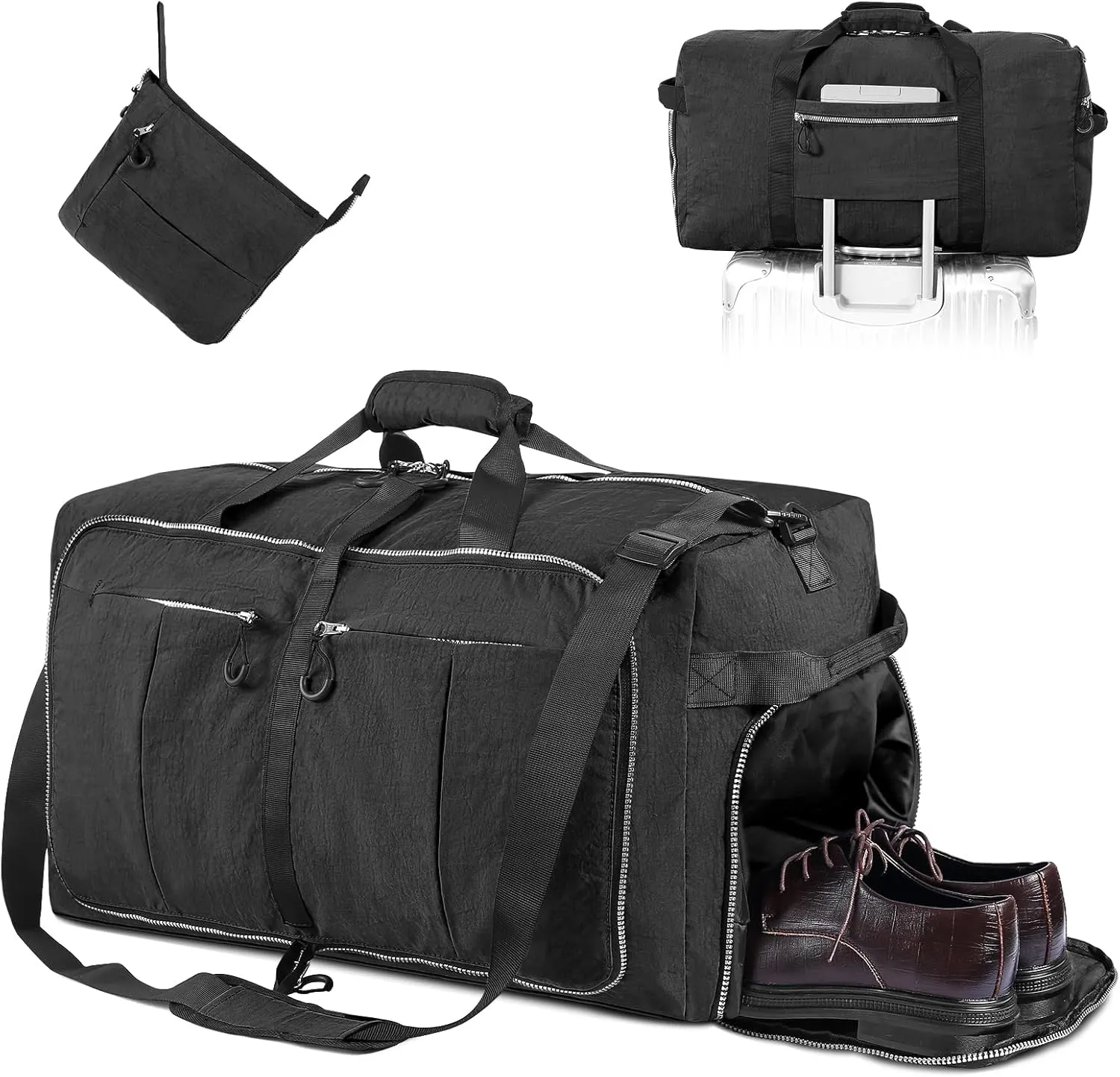CONTAIL 120L Foldable Nylon Duffle Bag with Thickened Bottom and Shoes Compartment,Waterproof Travel Carry On Bag With Adjustable Strap,Black