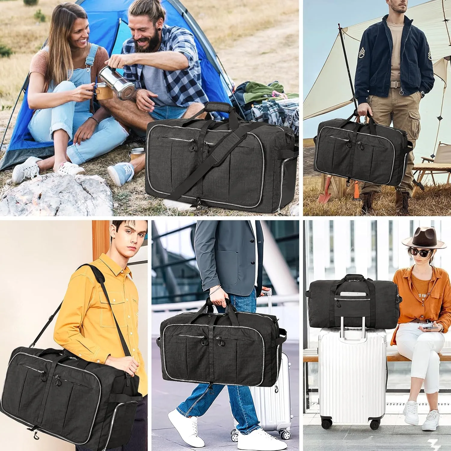 CONTAIL 120L Foldable Nylon Duffle Bag with Thickened Bottom and Shoes Compartment,Waterproof Travel Carry On Bag With Adjustable Strap,Black