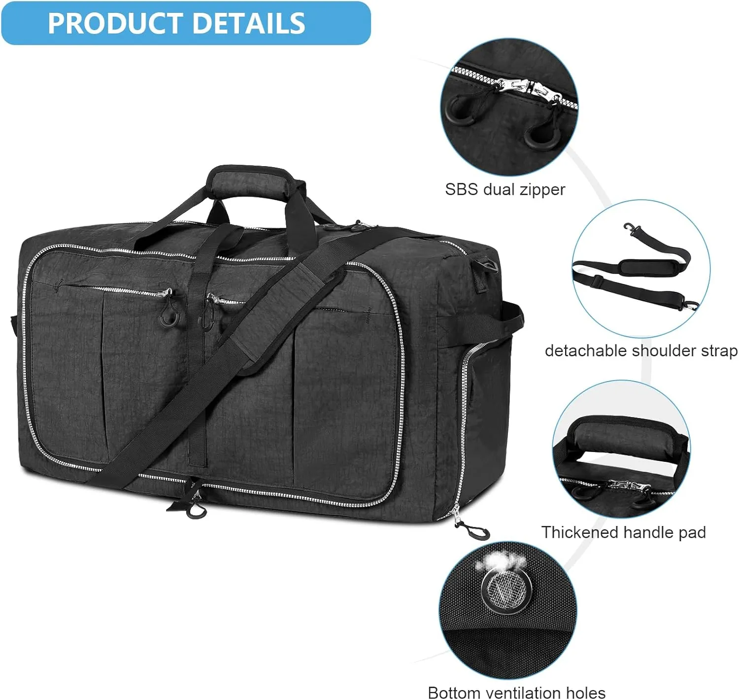 CONTAIL 120L Foldable Nylon Duffle Bag with Thickened Bottom and Shoes Compartment,Waterproof Travel Carry On Bag With Adjustable Strap,Black