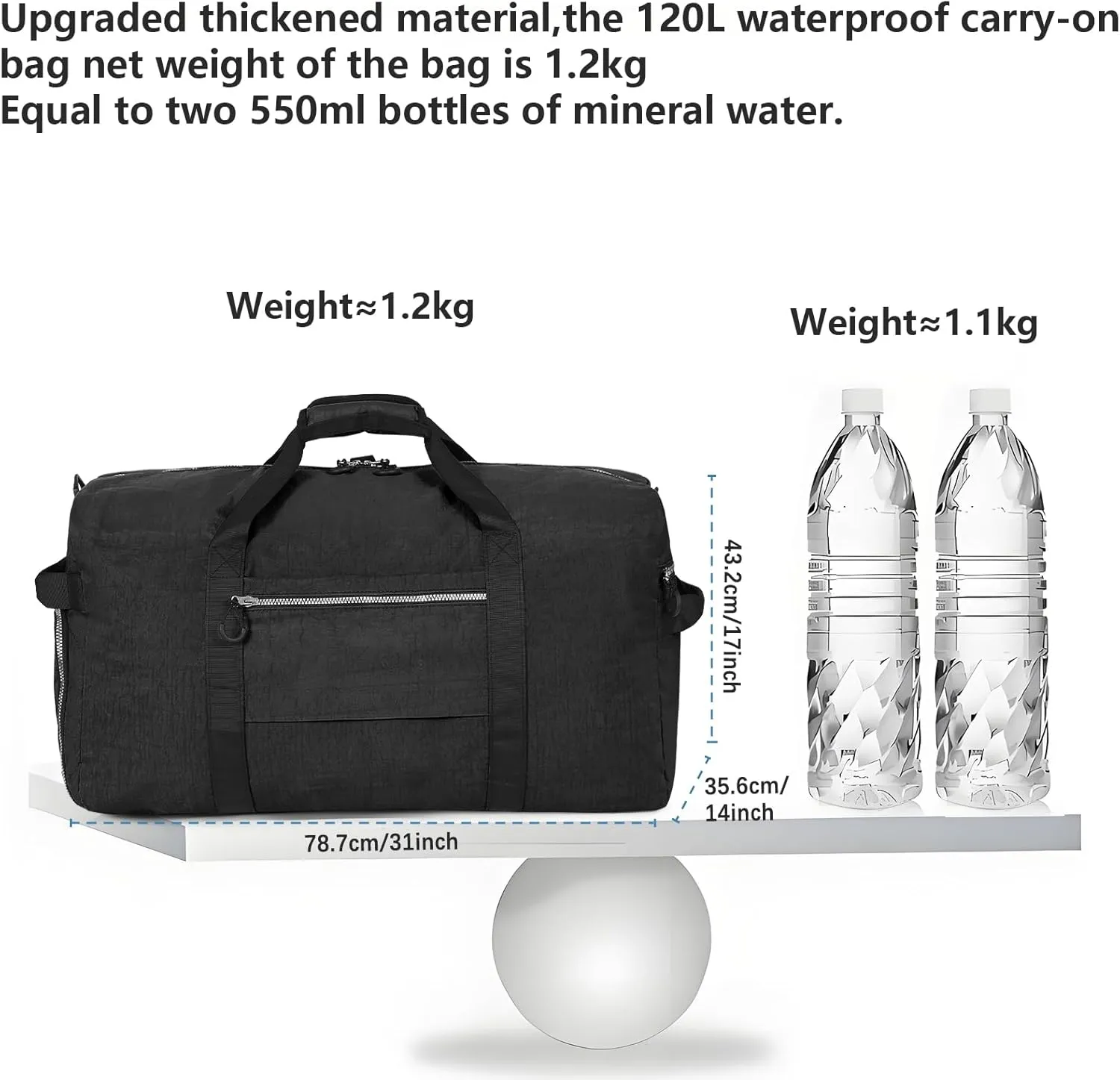 CONTAIL 120L Foldable Nylon Duffle Bag with Thickened Bottom and Shoes Compartment,Waterproof Travel Carry On Bag With Adjustable Strap,Black
