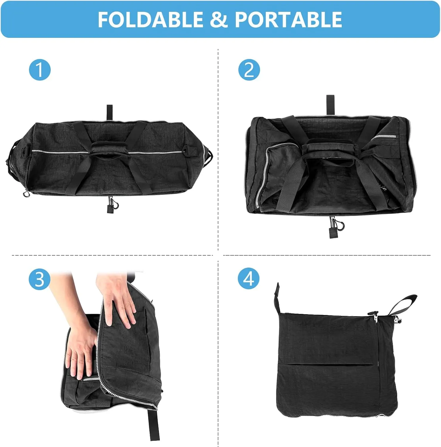 CONTAIL 120L Foldable Nylon Duffle Bag with Thickened Bottom and Shoes Compartment,Waterproof Travel Carry On Bag With Adjustable Strap,Black